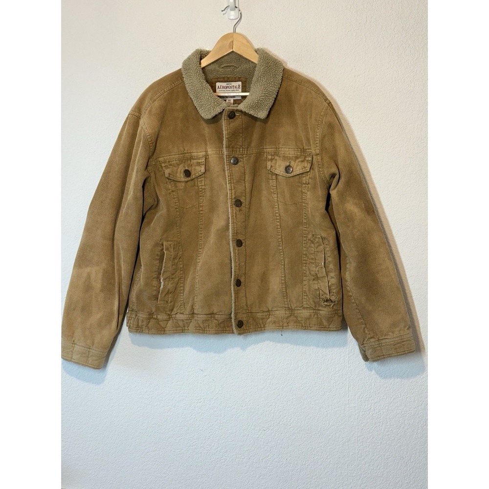 Aeropostale Tan Corduroy Mens XL Sherpa Lined Trucker Jacket Distressed Grunge‎